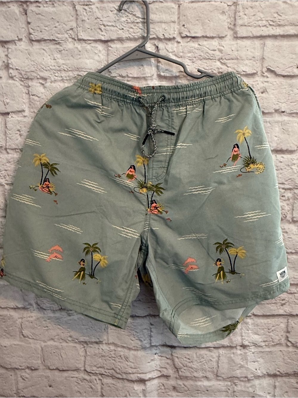 Katin Lazy Days Swim Trunks tropical print,hula girls, palm trees mens XL NWT